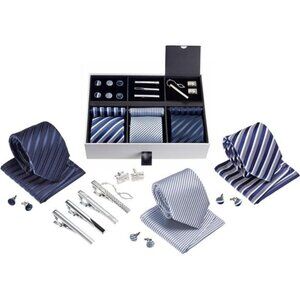 Premium Men’s Gift Tie Set Silky Necktie Pocket Squares Tie Clips Cufflinks